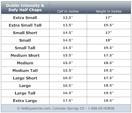 Dublin Half Chaps Size Chart