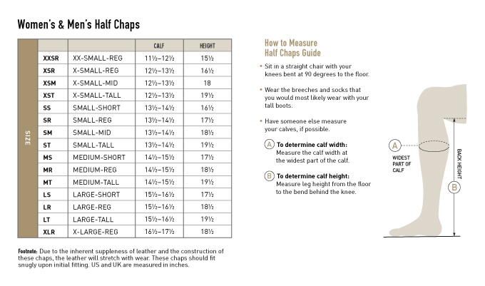 Dublin Half Chaps Size Chart