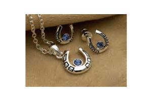 Horseshoe Necklace & Earring Set - Blue Rhinestones