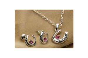Horseshoe Necklace & Earring Set - Pink Rhinestones
